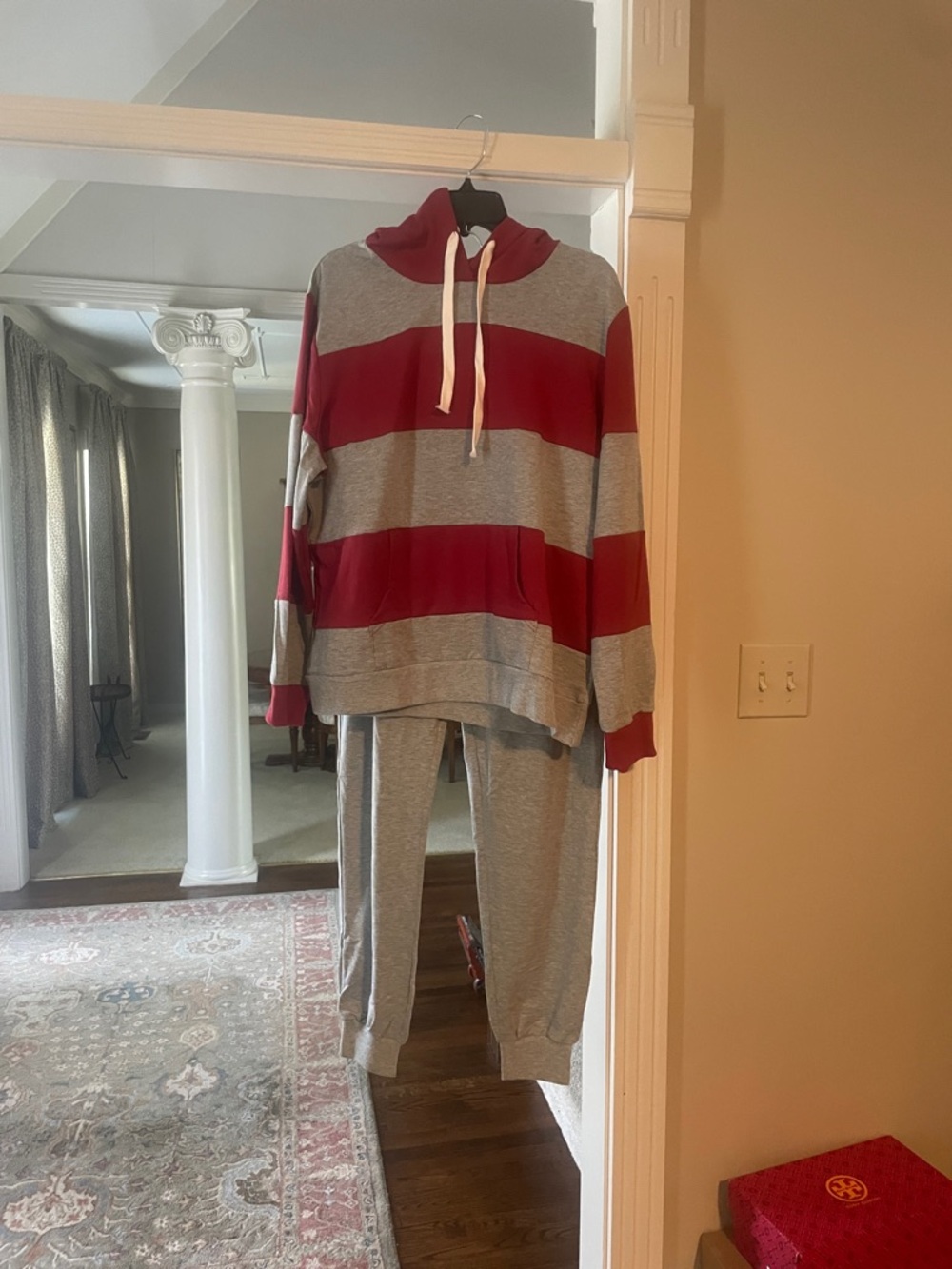 Red and Gray Striped Hoodie Set